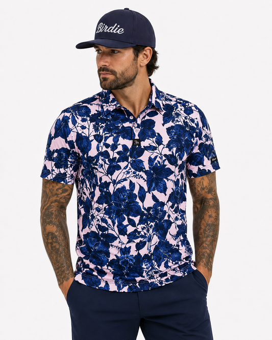 Birdie Flower Shop Performance Polo — Indigo Garden!